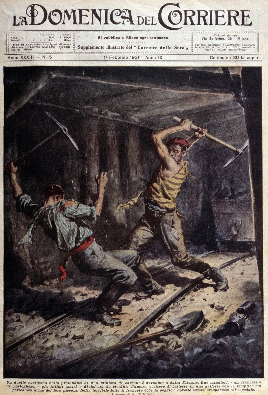 Two French and Portuguese miners fighting with their axes in a gallery because of a love story - drawing by A. Beltrame, in “La Domenica del Corriere” of February 1 by Achille Beltrame