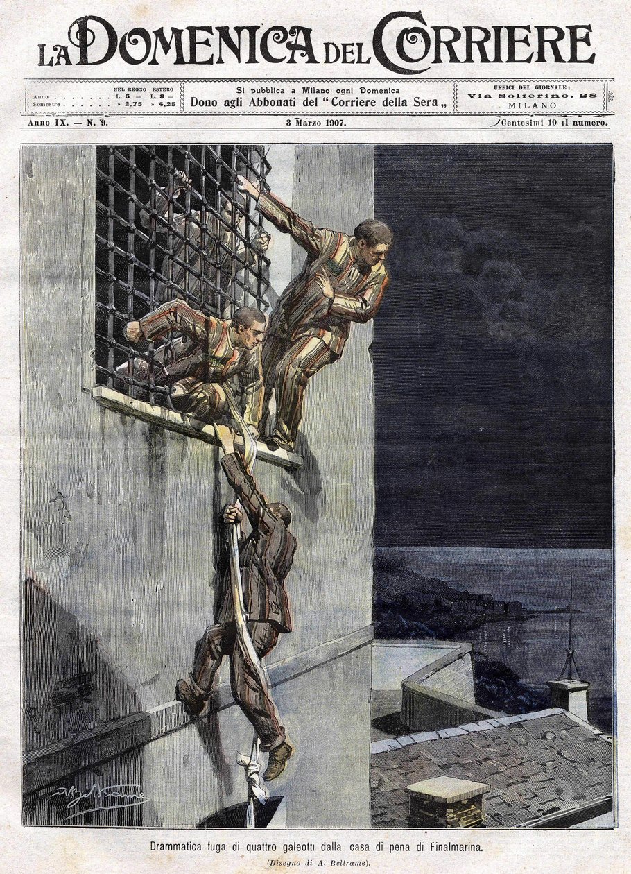 Escape of three prisoners from Finalmarina prison in Italy in 1907. Illustration of Achille Beltrame for the Domenica del Corriere of March 3 by Achille Beltrame