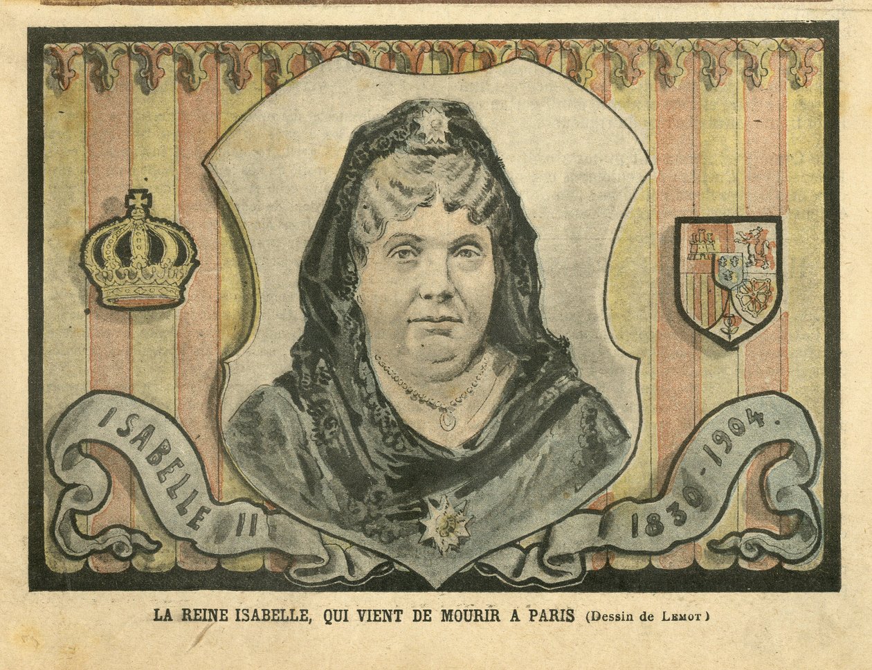 Illustration of Achille Lemot in Le Pelerin, 24/04/04 - Queen Isabelle, who just died in Paris - Paris, Spain, Monarchy, Foreign Sovereign - Isabella II of Spain by Achille Lemot