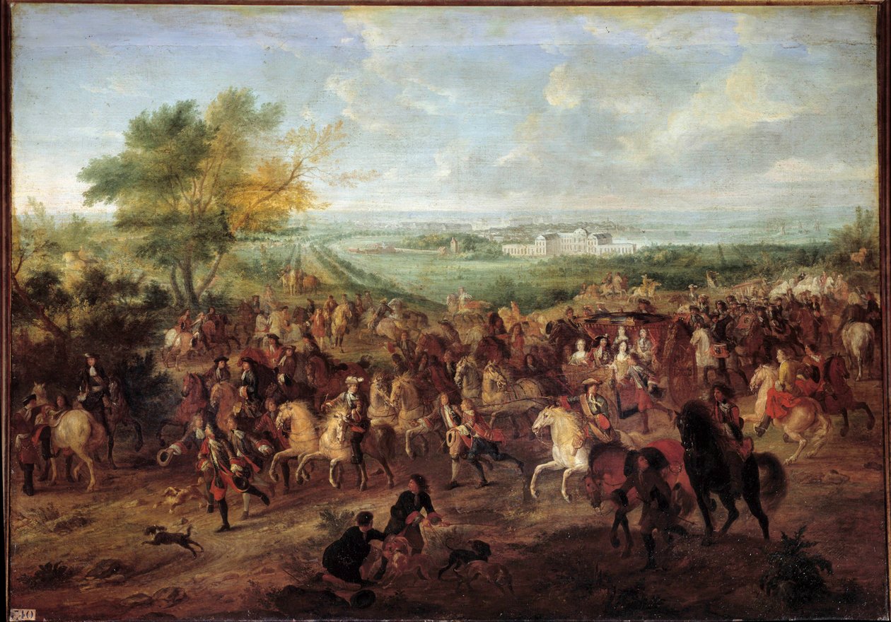 Walk by carriage of King Louis XIV, Queen Marie Therese of Austria, Dauphin Louis and Dauphine in front of the castle of Clagny in Versailles by Adam Frans van der Meulen