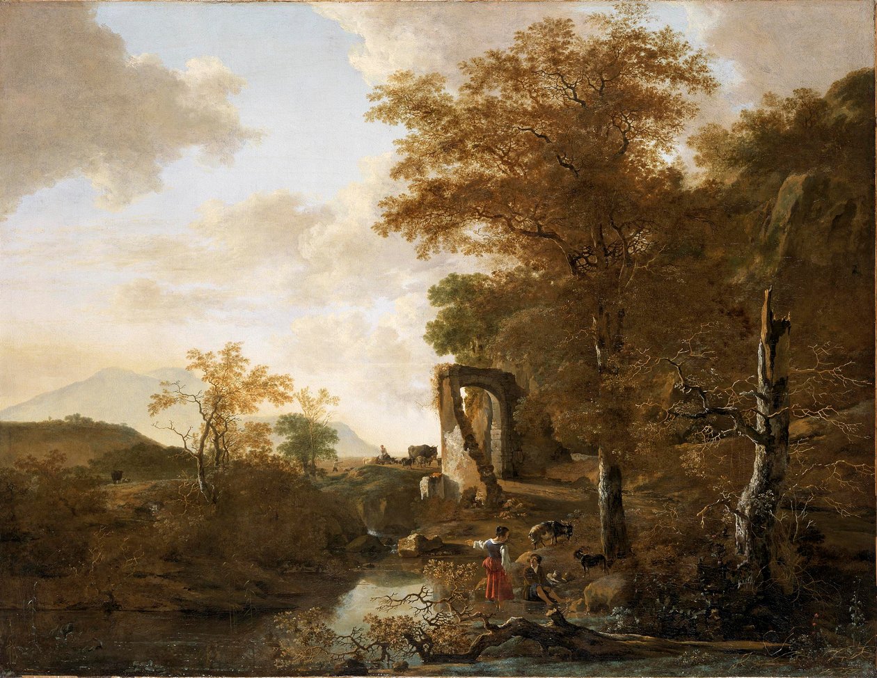 Landscape with Arched Gateway (Landscape with a Stone Gateway and Pond) by Adam Pynacker