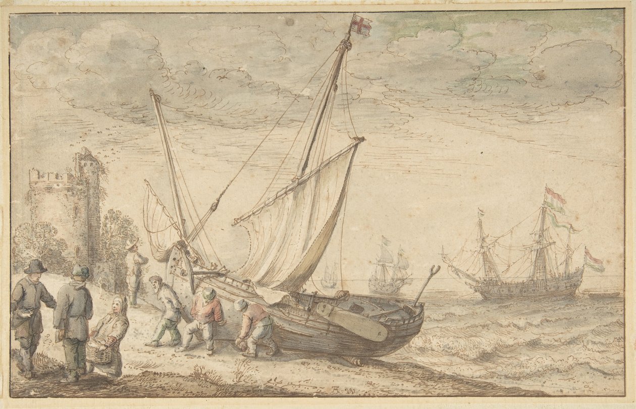 Fisherfolk Hauling their Boat onto the Shore by Adam Willaerts