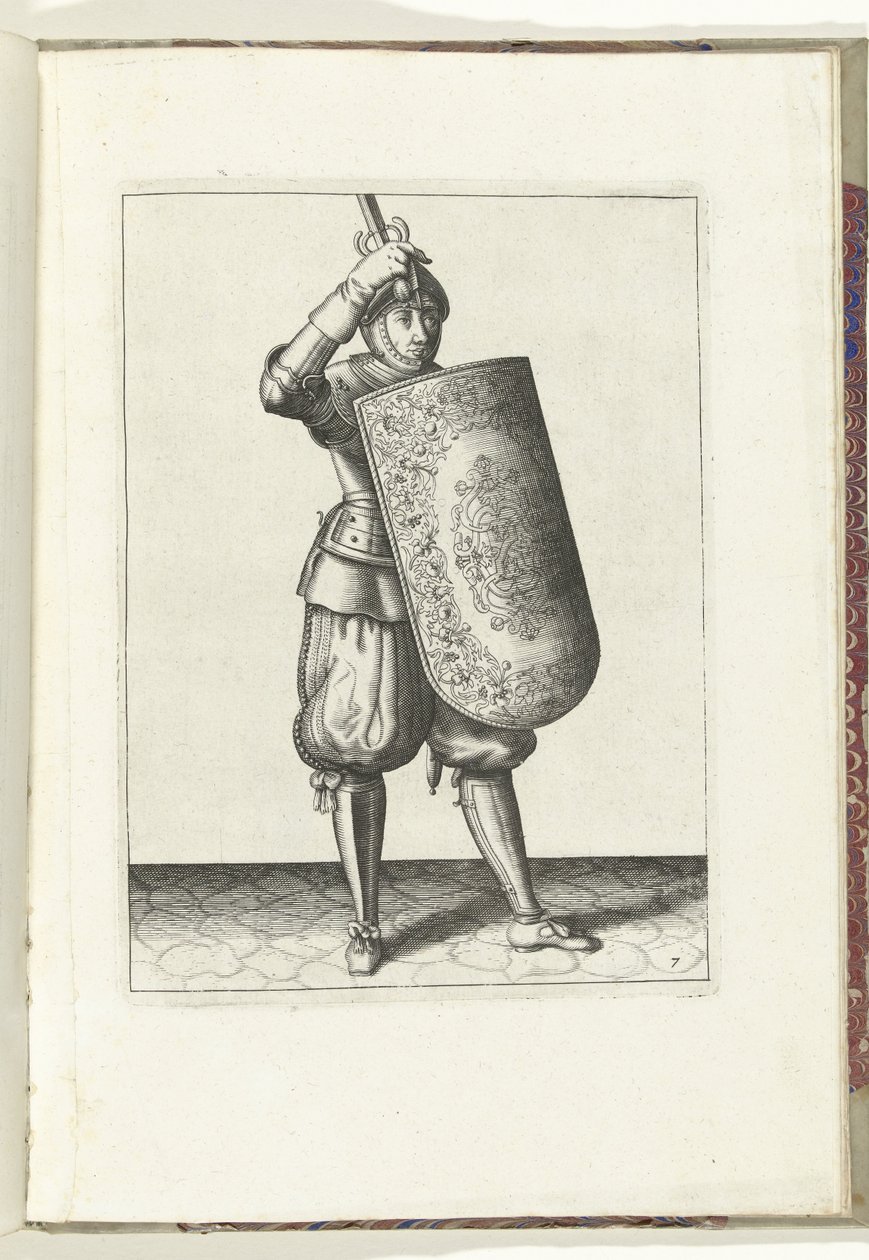 The Exercise with the Targe and Rapier: How the Soldier Should Close the Visor of His Helmet with the Targe and the Drawn Rapier in Hand (No. 7), 1618 by Adam van Breen