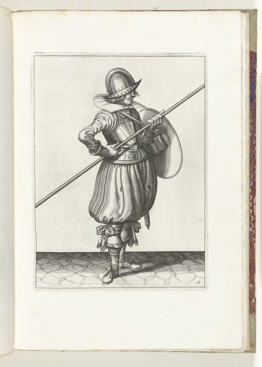 The exercise with shield and pike: the soldier brings the pike into position to drag in two movements, first movement (no. 13), 1618 by Adam van Breen