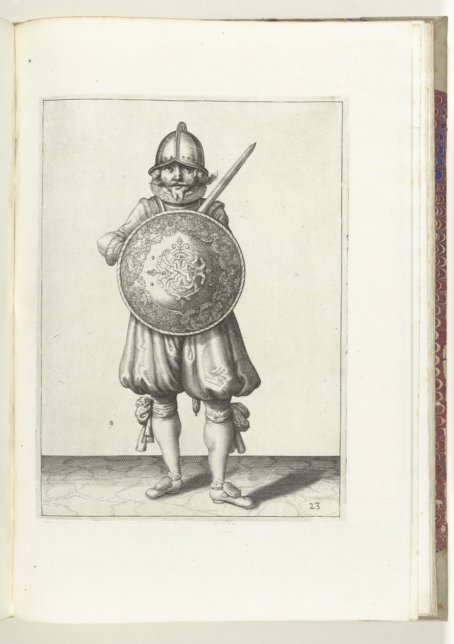 The Exercise with Shield and Pike: The Soldier Standing at Rest with His Rapier Resting on the Left Shoulder Behind the Shield, 1618 by Adam van Breen