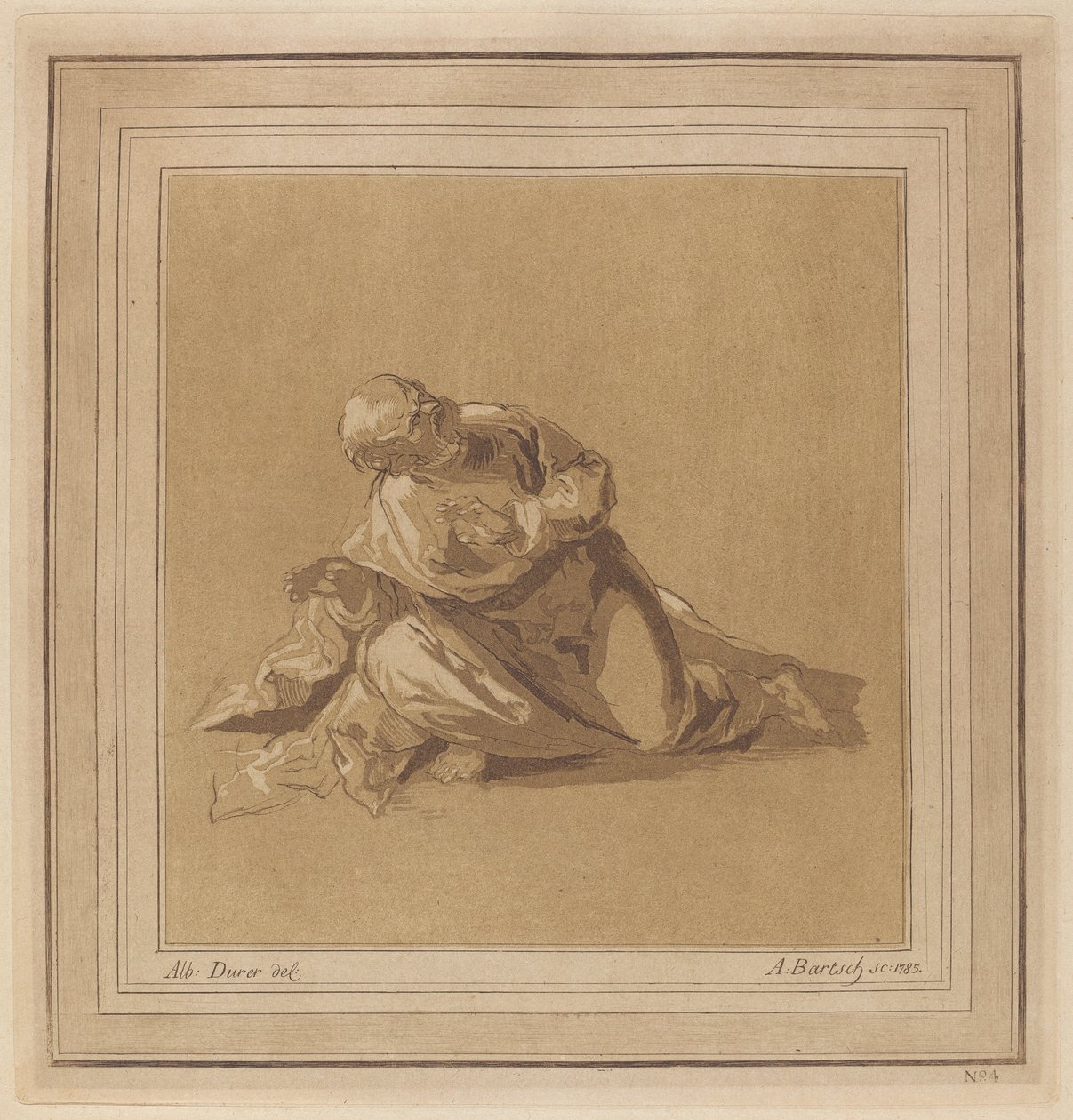A Crouching Apostle (Saint Peter) by Adam von Bartsch, after a drawing formerly attributed to Albrecht Dürer