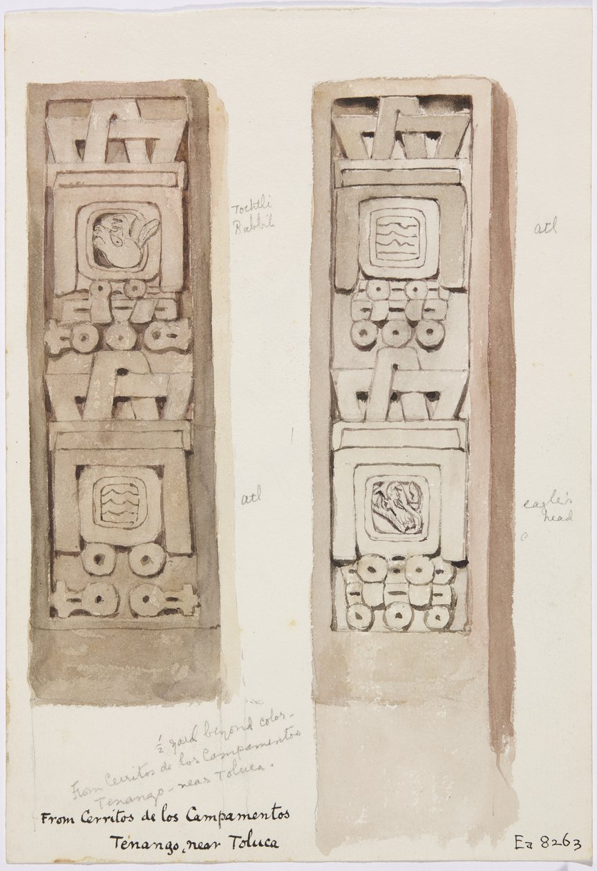 Two columns with stone reliefs, Cerritos de los Campamentos, Tenago, near Toluca, Mexico by Adela Breton