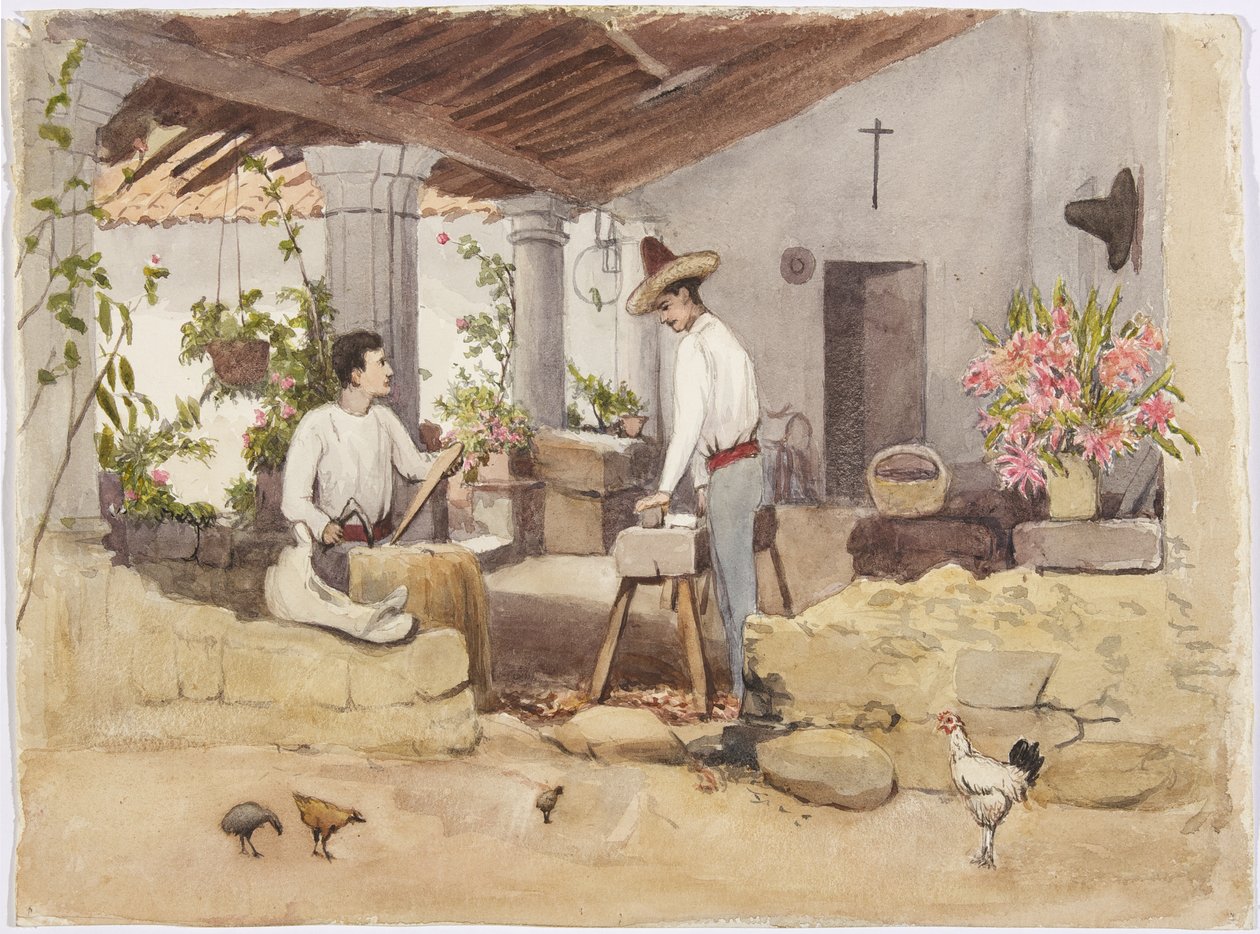 Two men making saddles, saddle shop, Coscomatepec, Mexico by Adela Breton