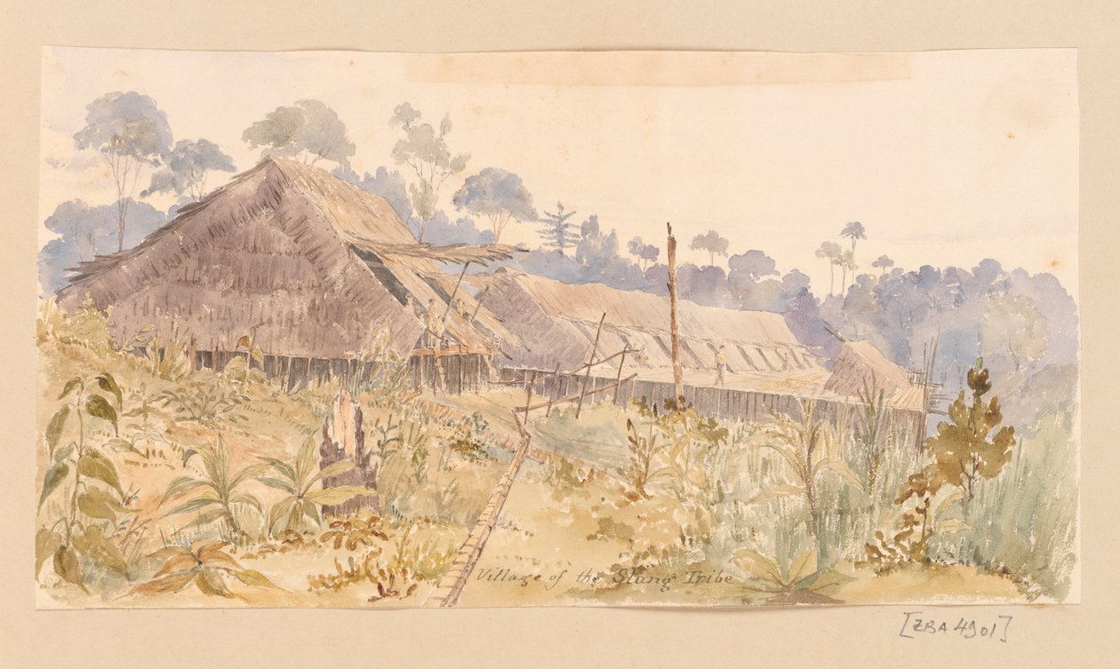 Village of the Stang Tribe from West Indies, North American and Borneo scrapbook by Admiral Sir Edward Gennys Fanshawe
