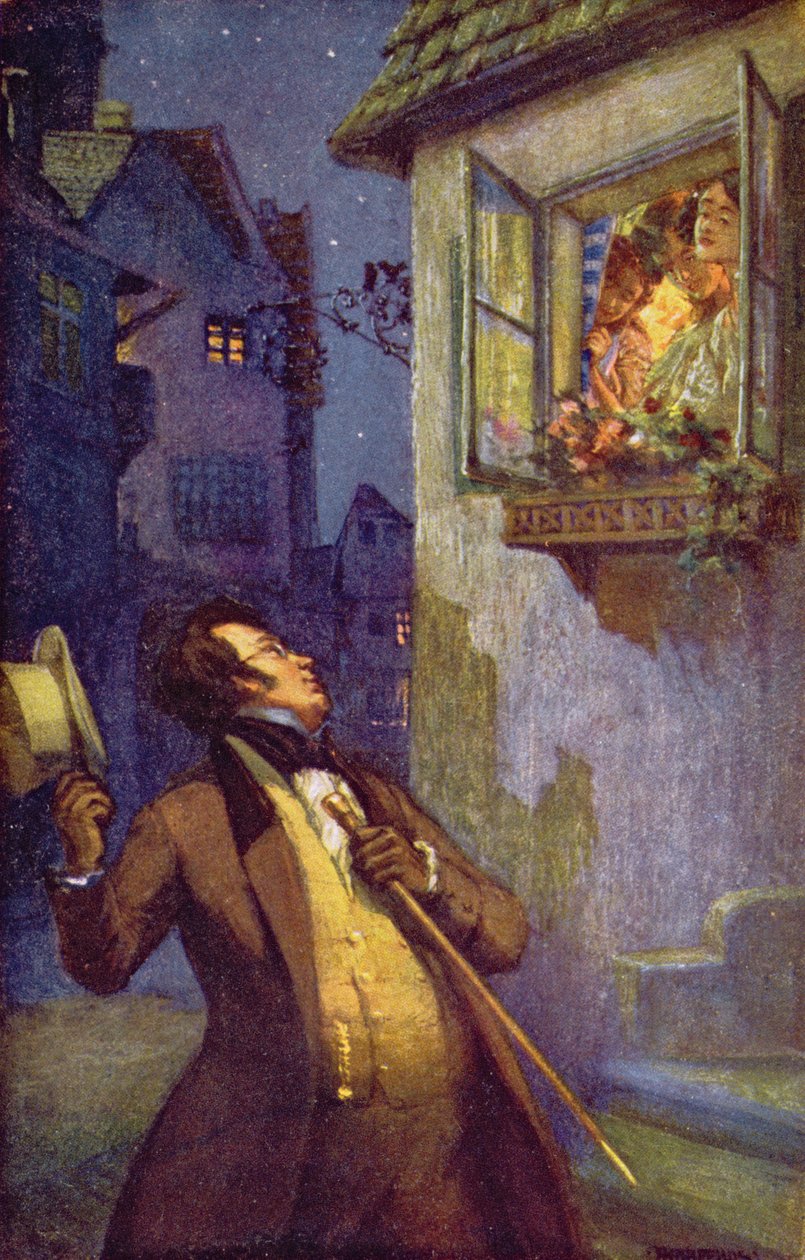 Viennese postcard depicting Franz Peter Schubert greeting the three Tschoell sisters, c.1910 by Adolf Karpellus