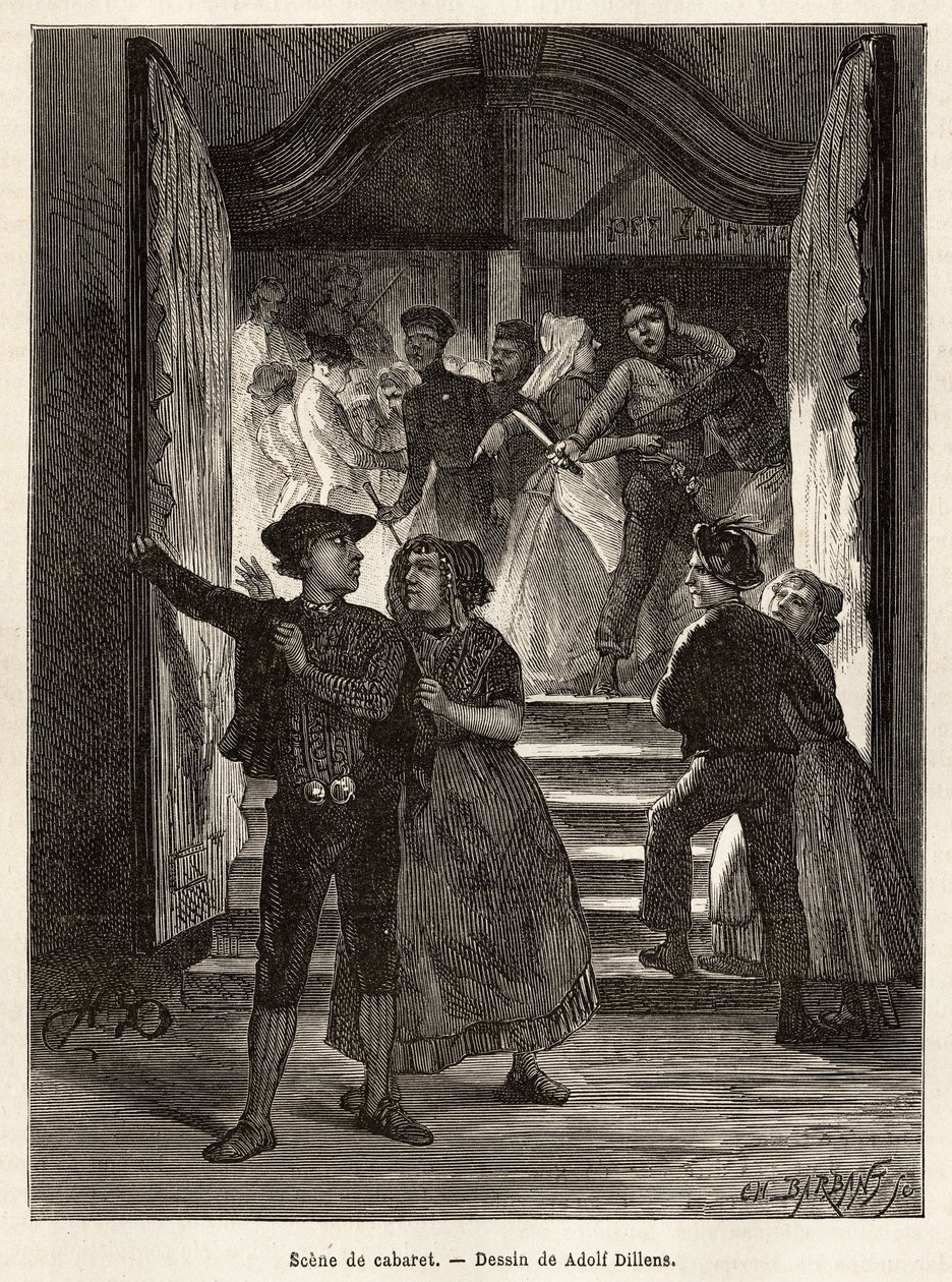 A cabaret scene, a couple leaves the scene, while a man threatens them with a knife, held by two women; while another couple faces them when entering the cabaret, engraving after the drawing by Adolf Dillens, illustrating a journey to Zelande (Neerlande) by Adolf Alexander Dillens