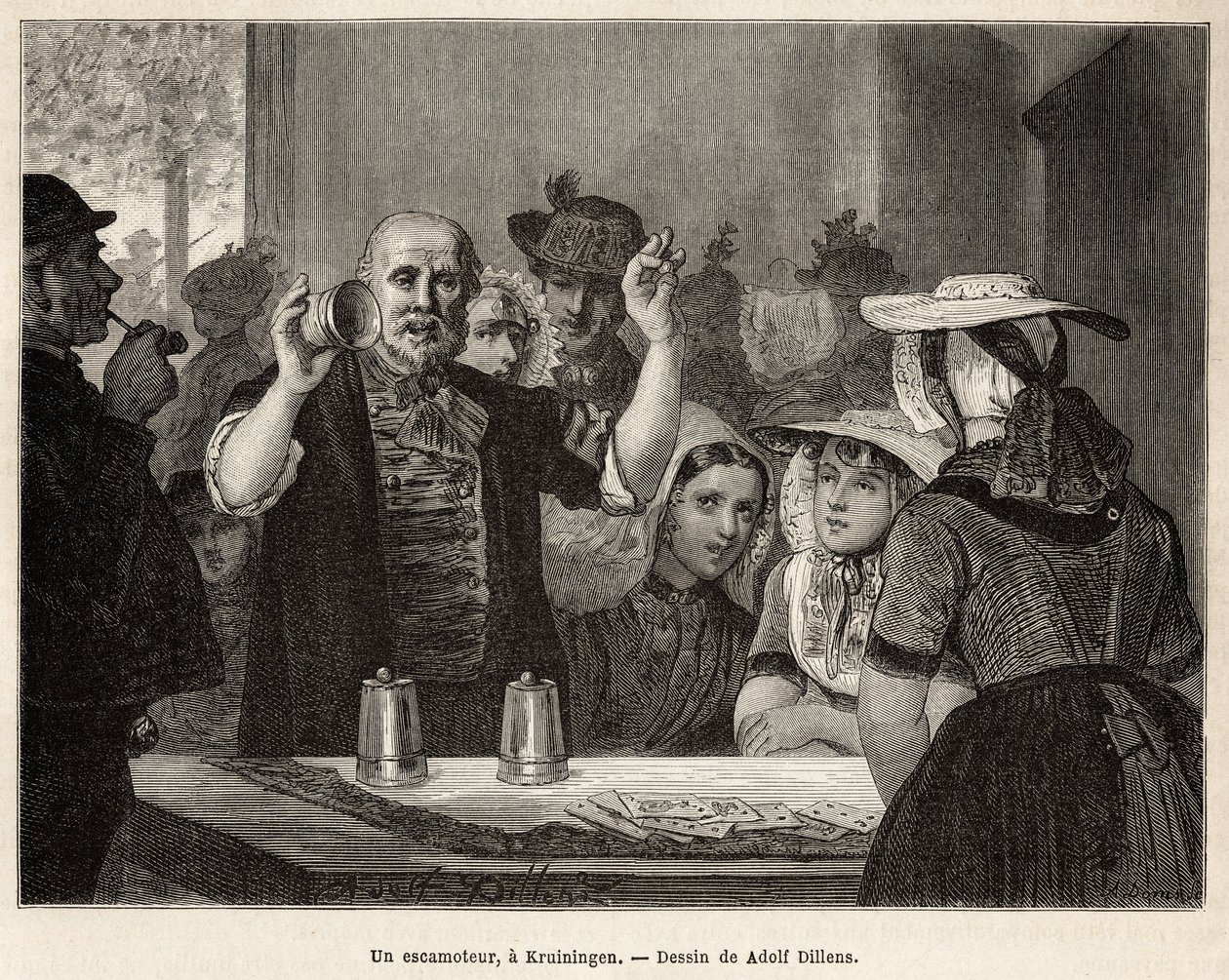 A retractor, in an inn in Kruiningen, makes his number in front of attentive spectators, engraved after the drawing by Adolf Dillens, illustrating a journey to Zelande (Neerlande), in 1873, by Charles de Coster, published in 
