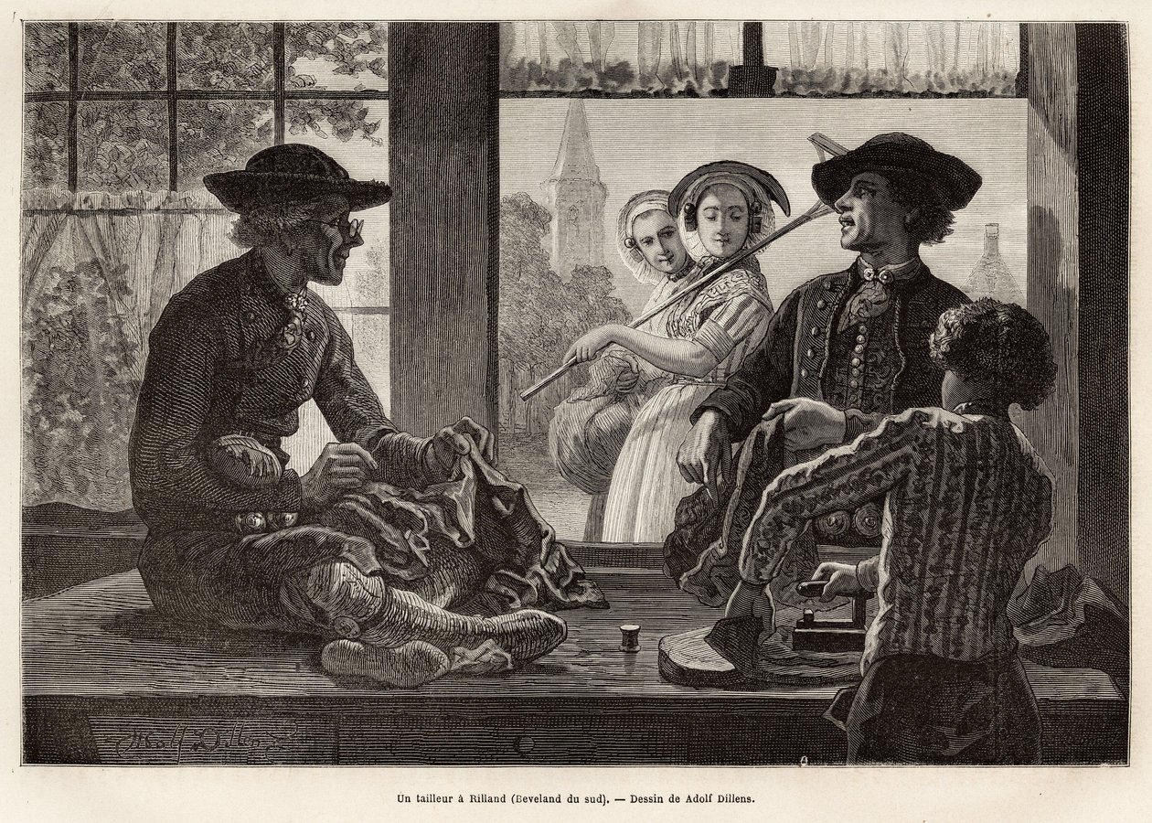 A tailor and his apprentice, working on the edge of the window to enjoy the light and the spectacle of the passers-by of the street, in Rilland (South Beveland), engraving after the drawing by Adolf Dillens, illustrating a journey to Zelande (Neerlande) by Adolf Alexander Dillens