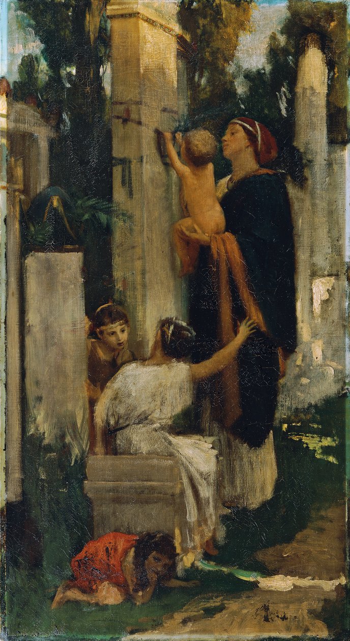 Ancient Cemetery Scene (Woman with Children Decorating a Grave) by Adolf Hiremy-Hirschl