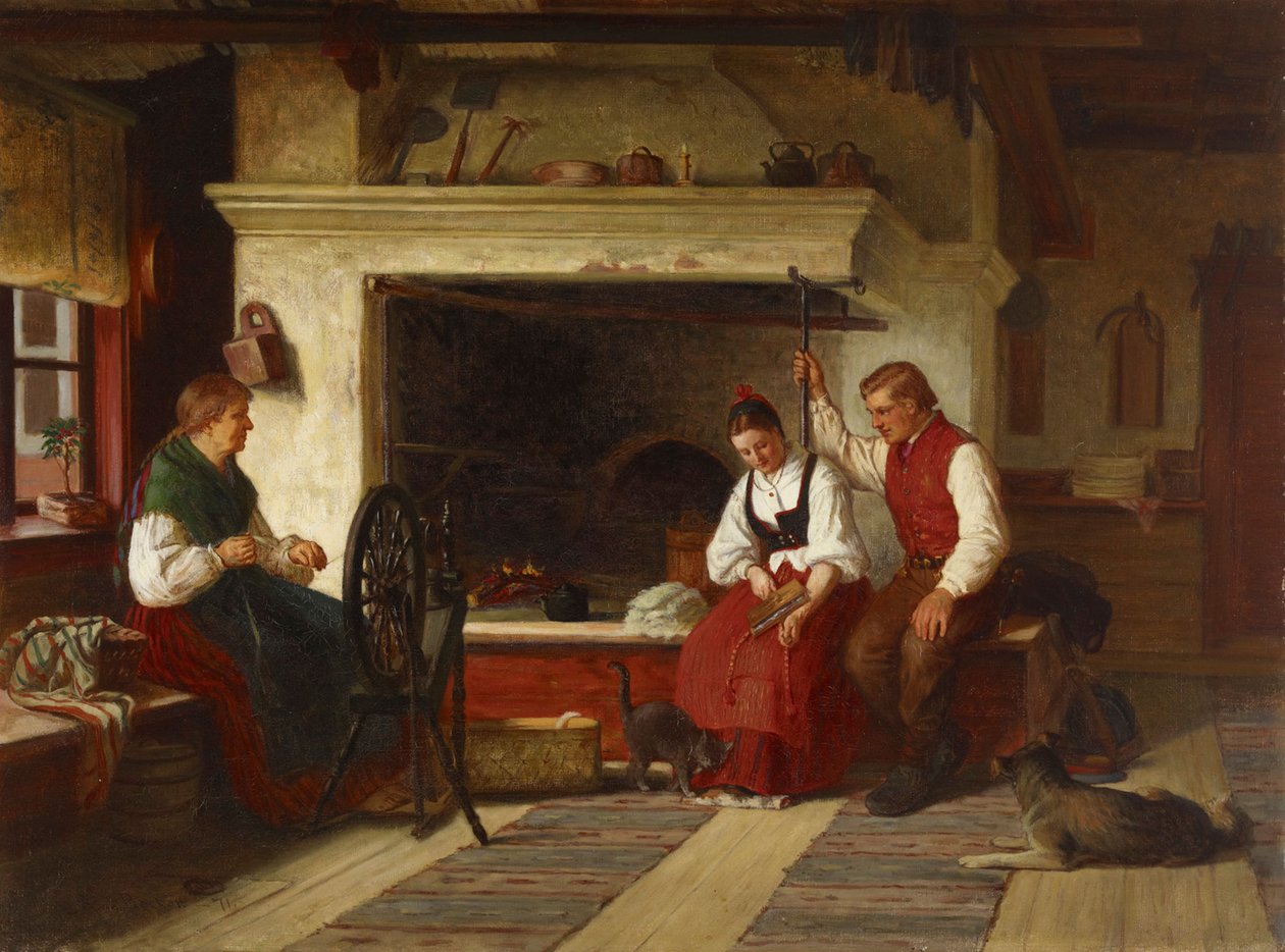 By the Hearth, an Ostrobothnian Courting Scene by Adolf von Becker