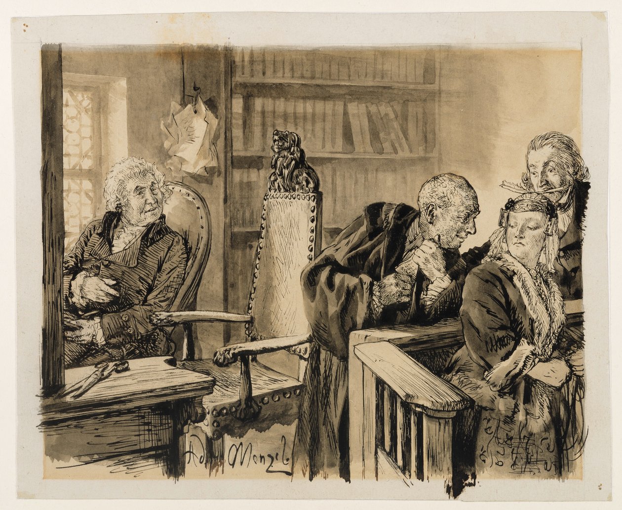 Adam Speaks Secretly to Eve. Light Listens. The Judge Calls Adam Back to the Bench. to Heinrich von Kleist, The Broken Jug by Adolph Menzel