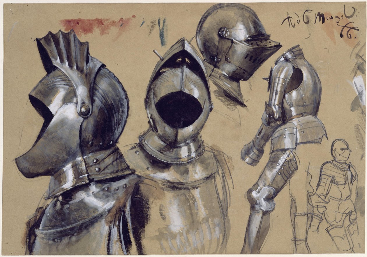 Breastplates and helmets in three views, two standing suits of armour by Adolph Menzel