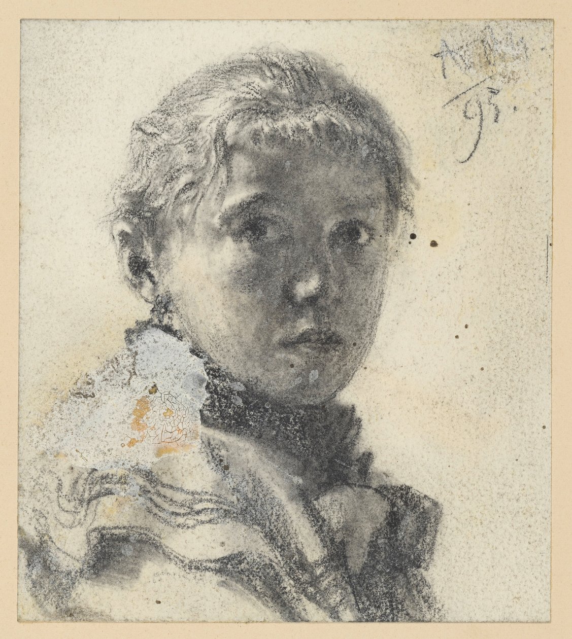 Bust portrait of a girl facing right, her head turned toward the viewer by Adolph Menzel