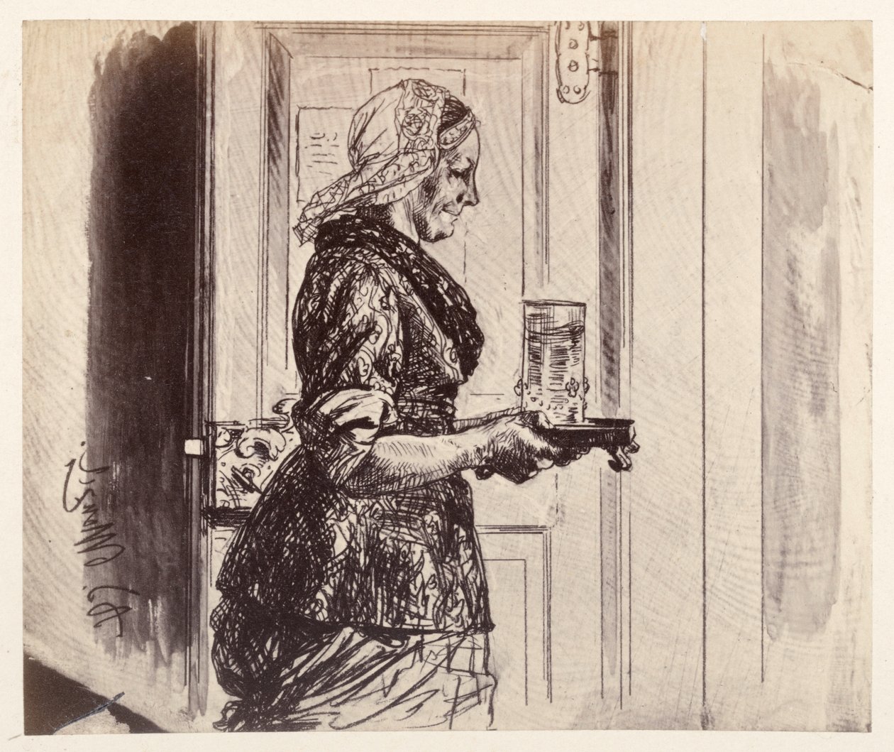 The Maid Enters the Courtroom with the Glass of Water Ordered by Adam, to Heinrich von Kleist "The Broken Jug" by Adolph Menzel