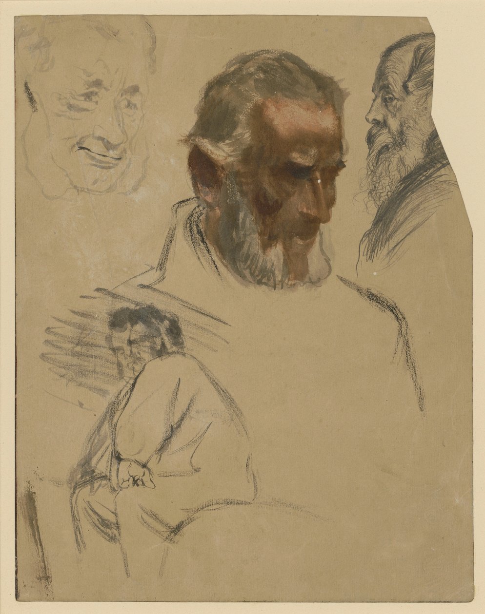 Three Bearded Head Studies and a Knee-Length Study of a Seated Man Facing Left by Adolph Menzel