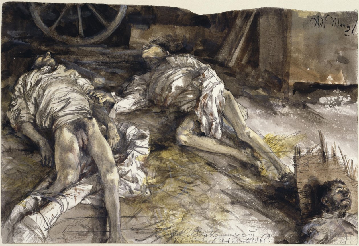 Three Fallen Soldiers in a Barn / Mortuary at Königinhof by Adolph Menzel