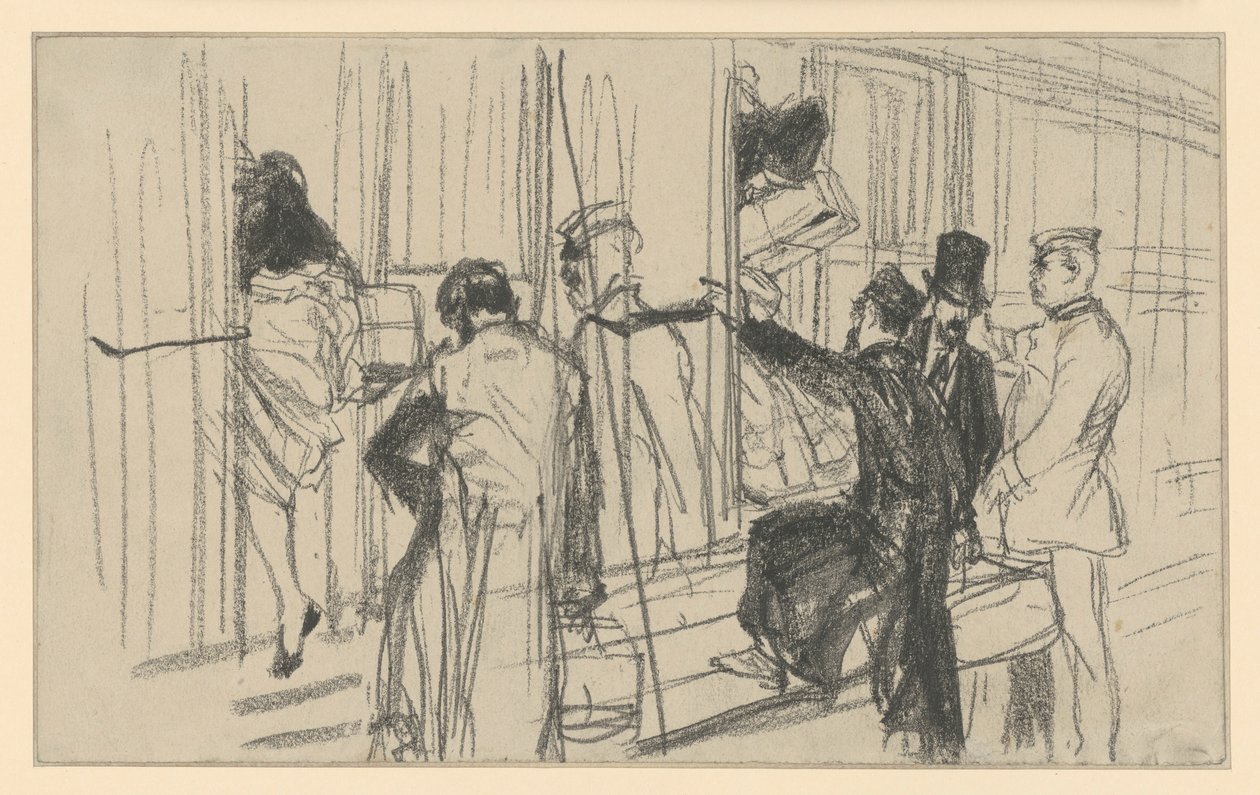 Railway passengers boarding and conductor. Platform scene by Adolph Menzel