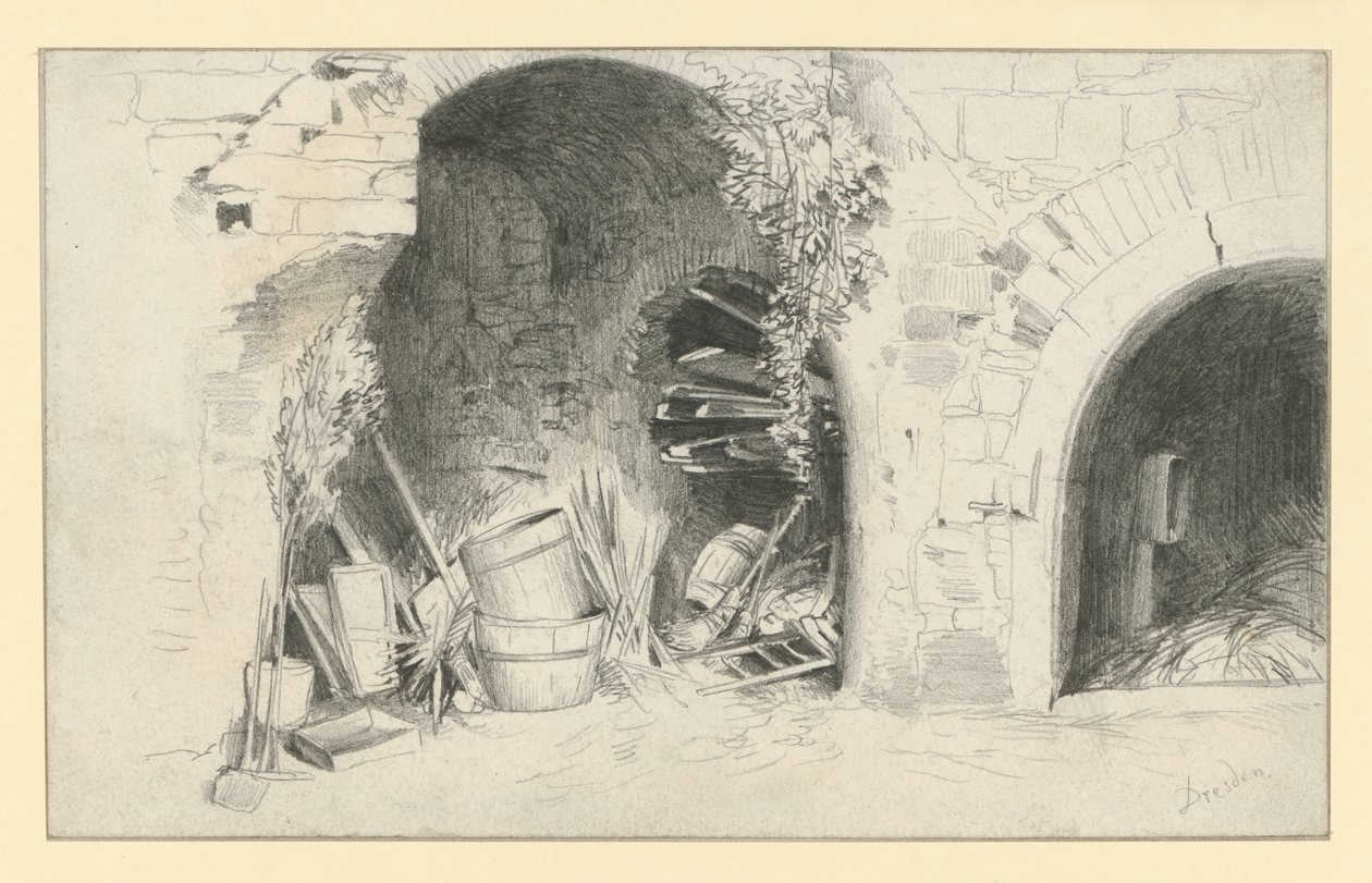 Barrels and Boards under Arches of Jungfernbastei in Dresden by Adolph Menzel