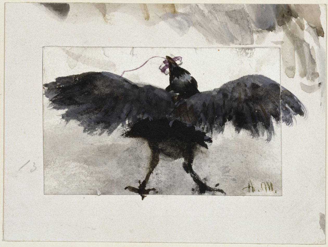Fluttering Raven with Package in Beak by Adolph Menzel