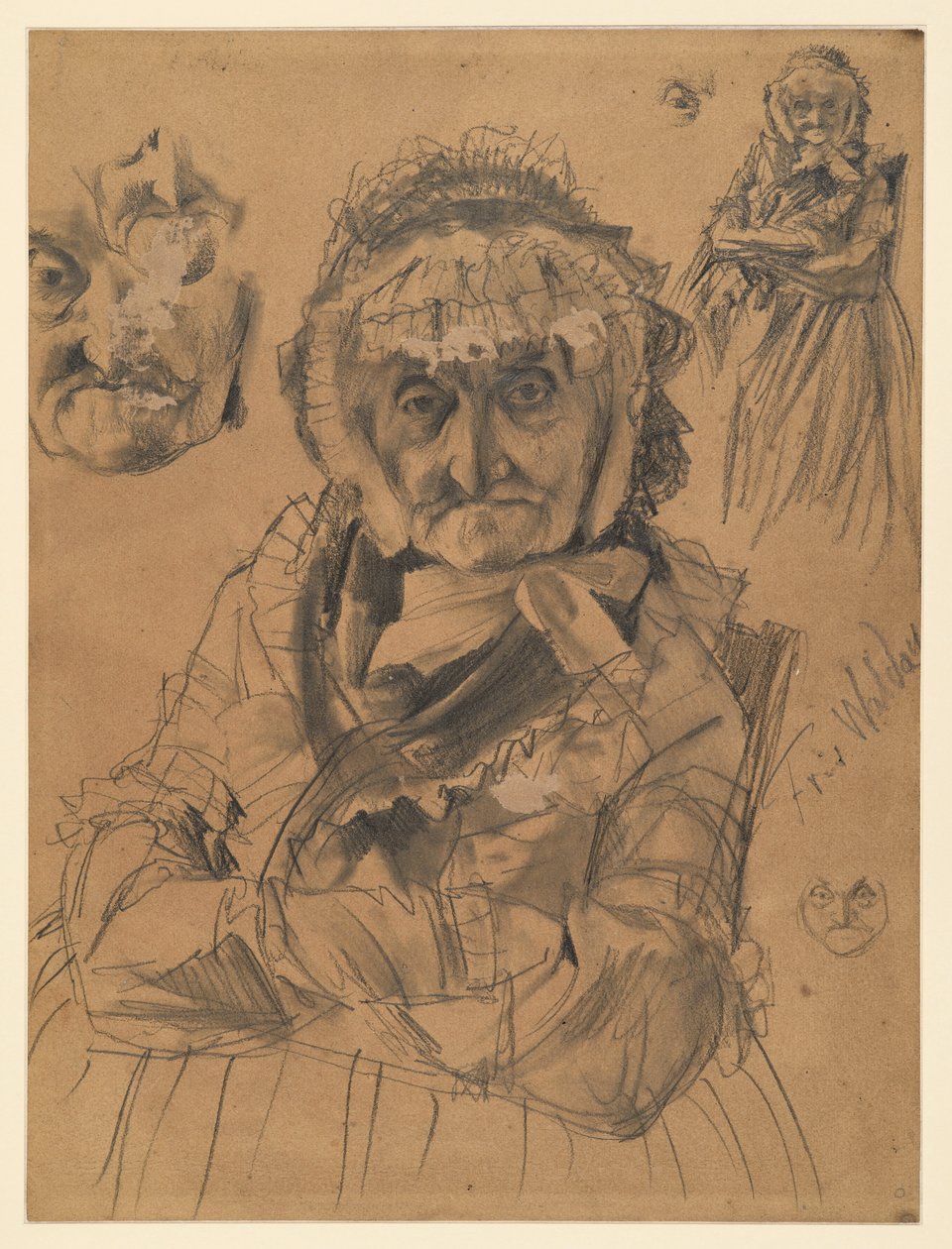 Seated half-length figure en face; upper right: knee-length figure and eye; left: two face studies; lower right: small face study; inscribed Fr. v. Waldow. Preliminary study for the painting “Frederick the Great