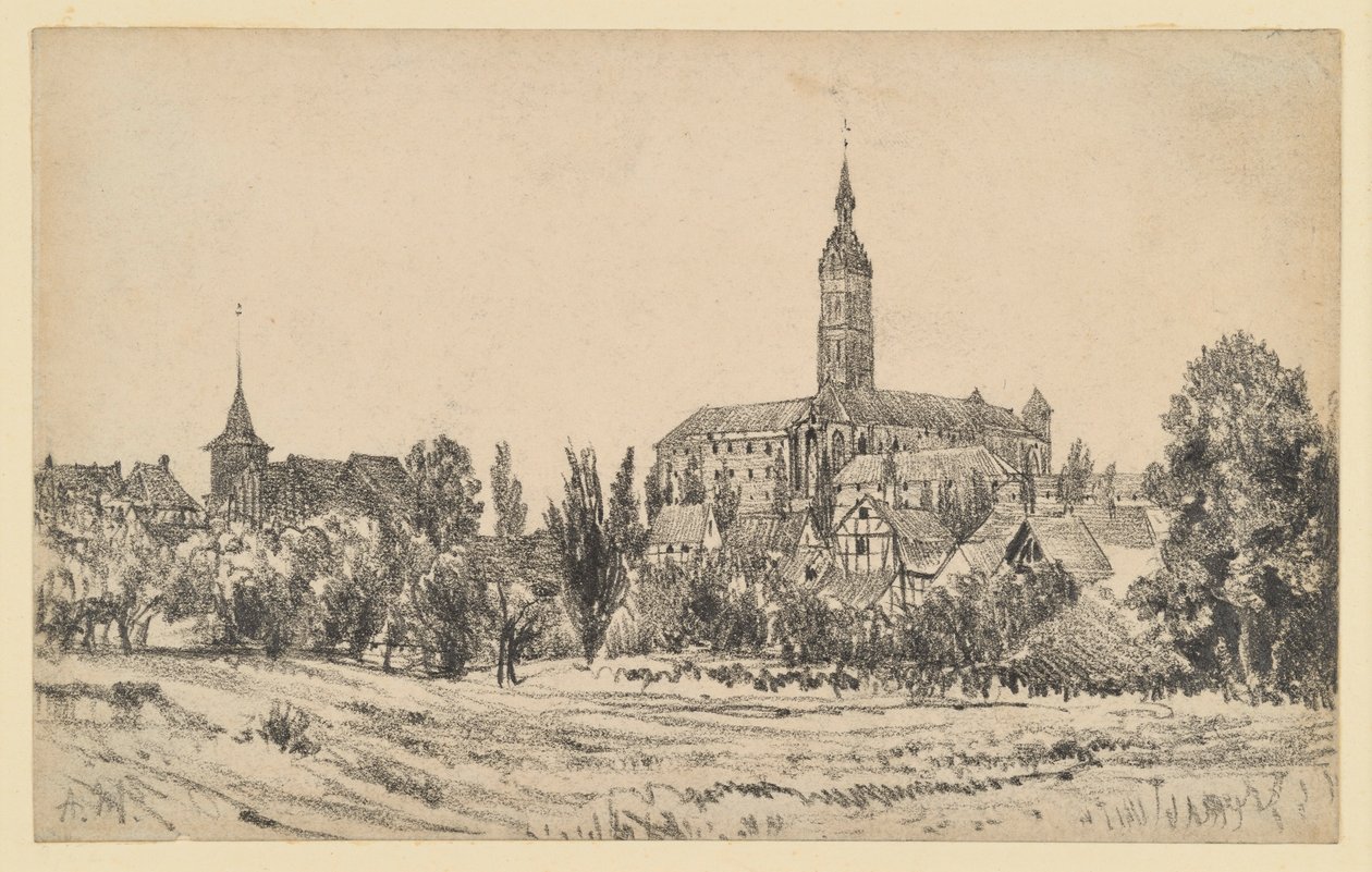 Small Town with High Church Tower by Adolph Menzel
