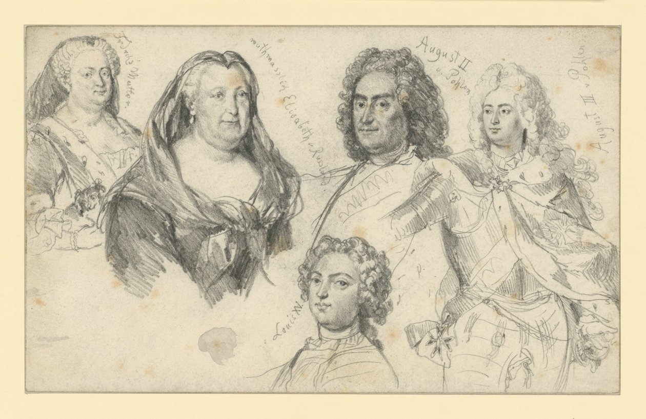 Queen Sophia Dorothea of Prussia, Empress Elizabeth of Russia, King Augustus II of Poland, King Augustus III of Poland, Louis XV of France by Adolph Menzel