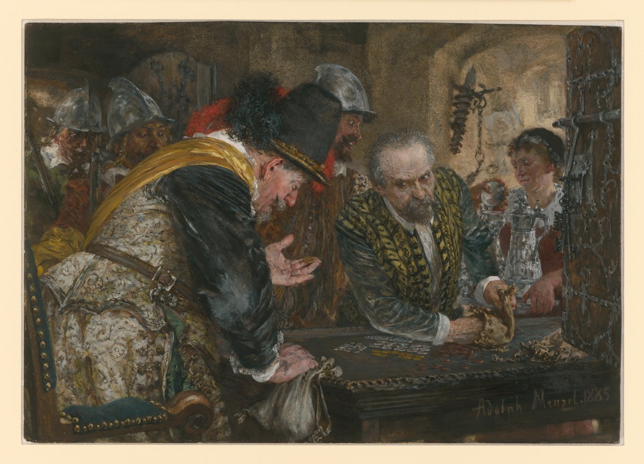 Contribution, soldiers - their captain on the left - receive money and silver from an older man by Adolph Menzel
