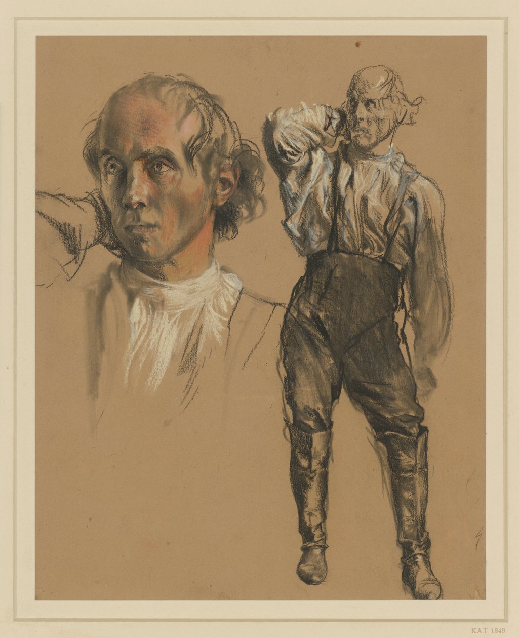 Man in Shirt, Trousers and High Boots, Standing en Face, Touching the Back of His Neck with His Right Hand, Looking Left, Left: Larger Head Study by Adolph Menzel