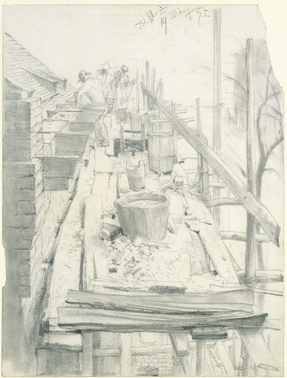 Bricklayers at Work on Scaffolding by Adolph Menzel