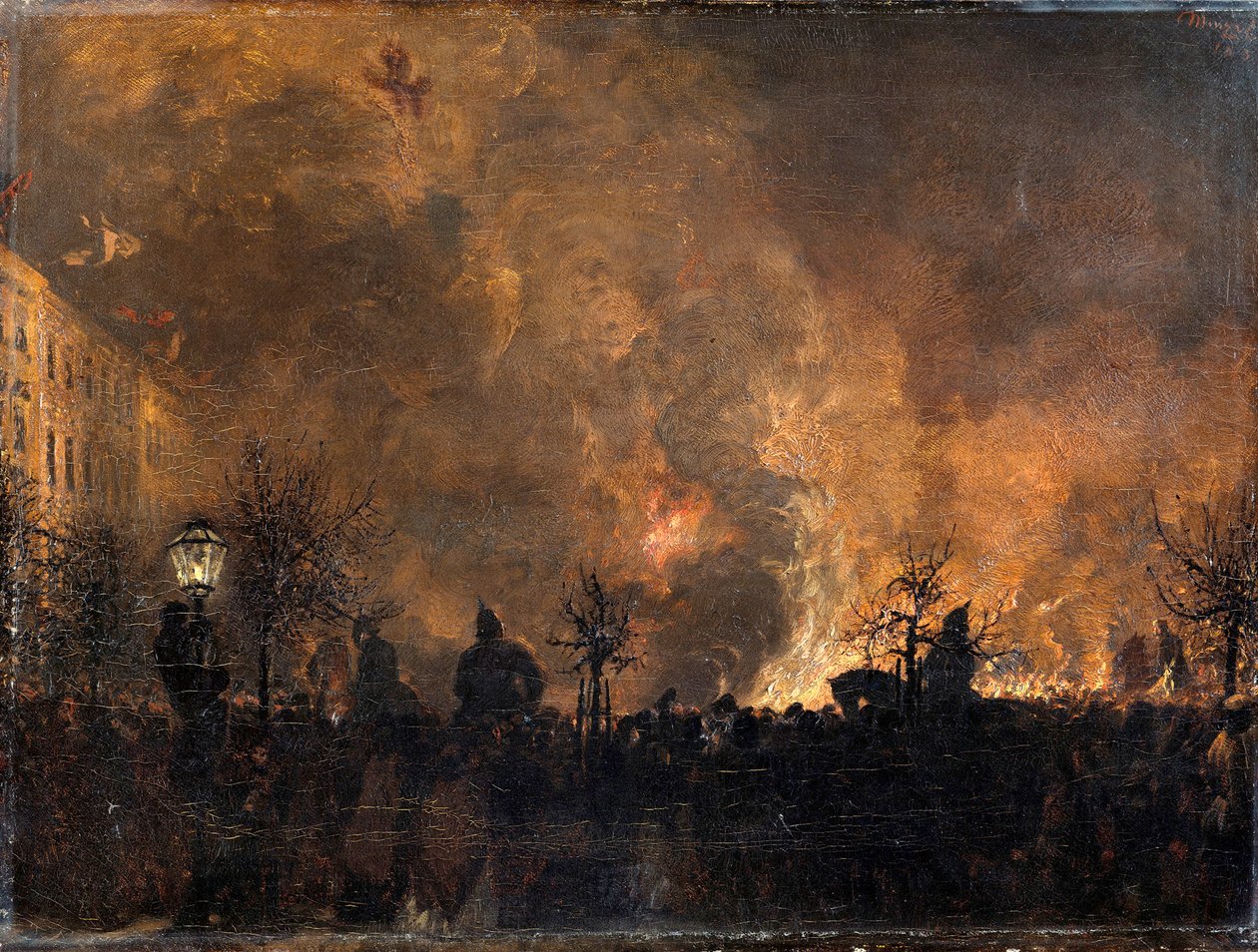 After the Torchlight Procession. Throwing the Torches Together on Dönhoffplatz in Berlin by Adolph Menzel