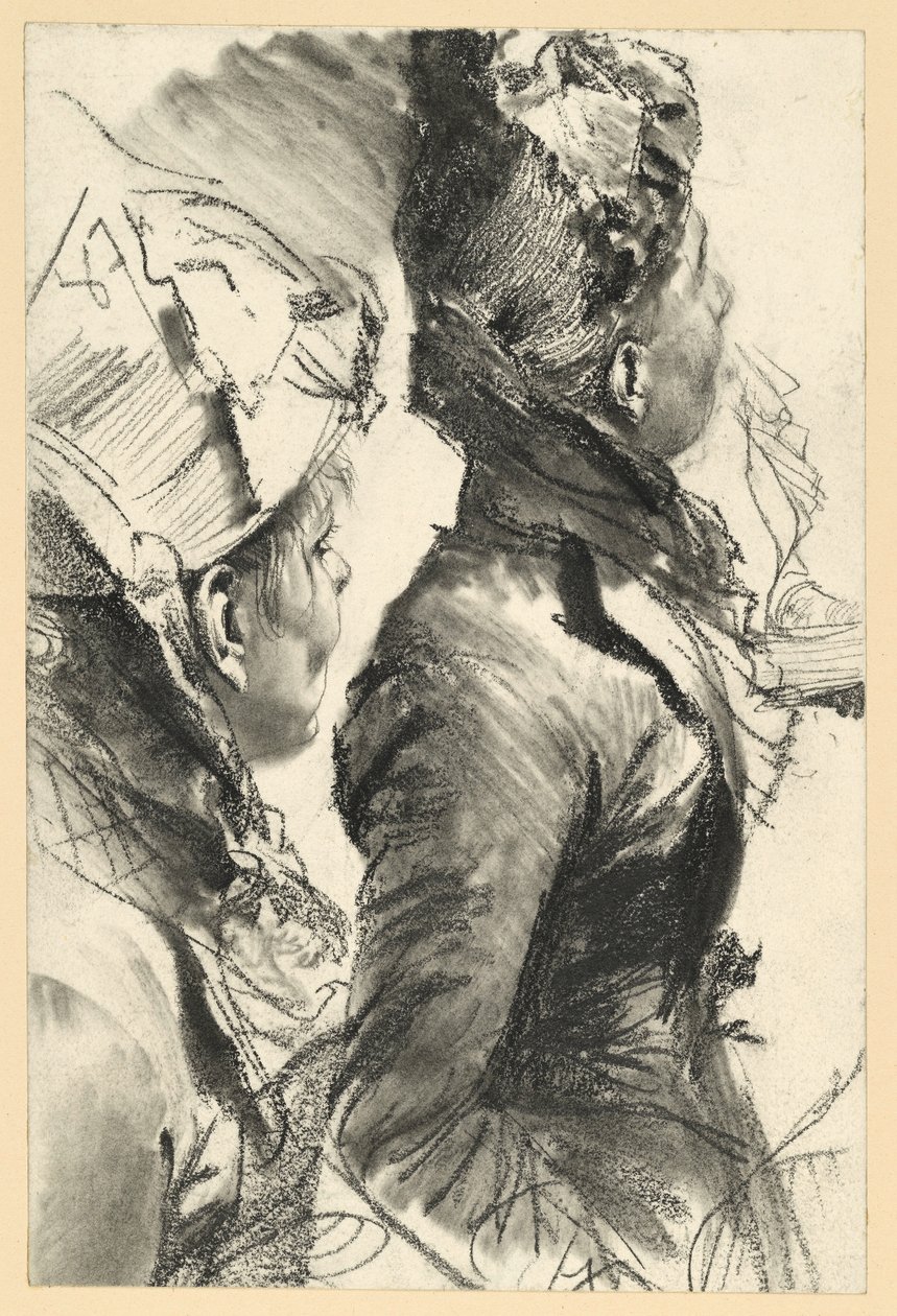Woman Looking Up to the Right with Hat, Half-Figure in Profile, Two Studies by Adolph Menzel