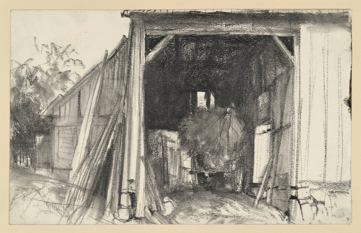 Open Barn with a Straw-Laden Wagon by Adolph Menzel