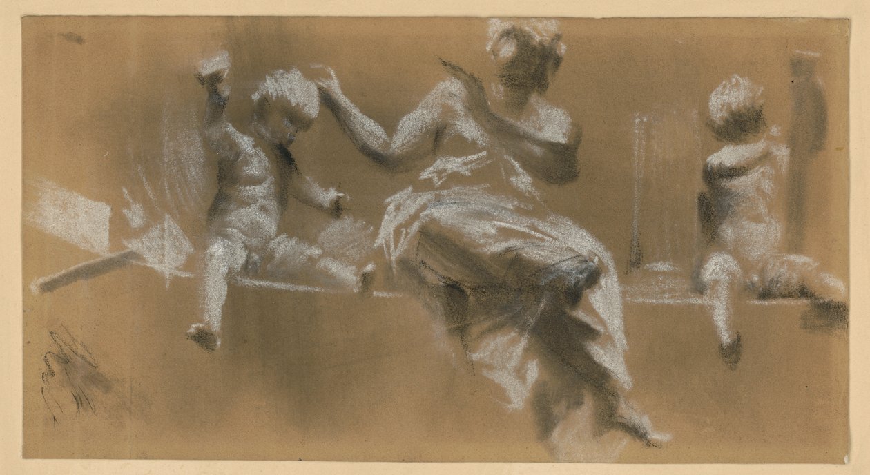 Sculptural Work on a Cornice, Allegorical Female Figure Flanked by Putti Symbolizing Painting (r.) and Sculpture (l.) by Adolph Menzel