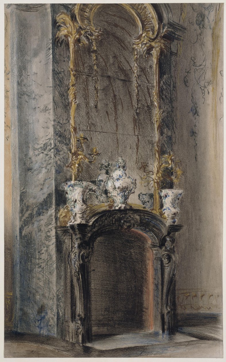 Rococo fireplace in the Oval Cabinet in the New Palace in Potsdam by Adolph Menzel
