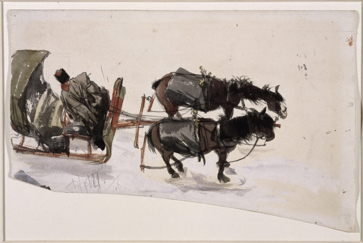 Sleigh Team with Two Horses and Coachman, Seen from Above by Adolph Menzel