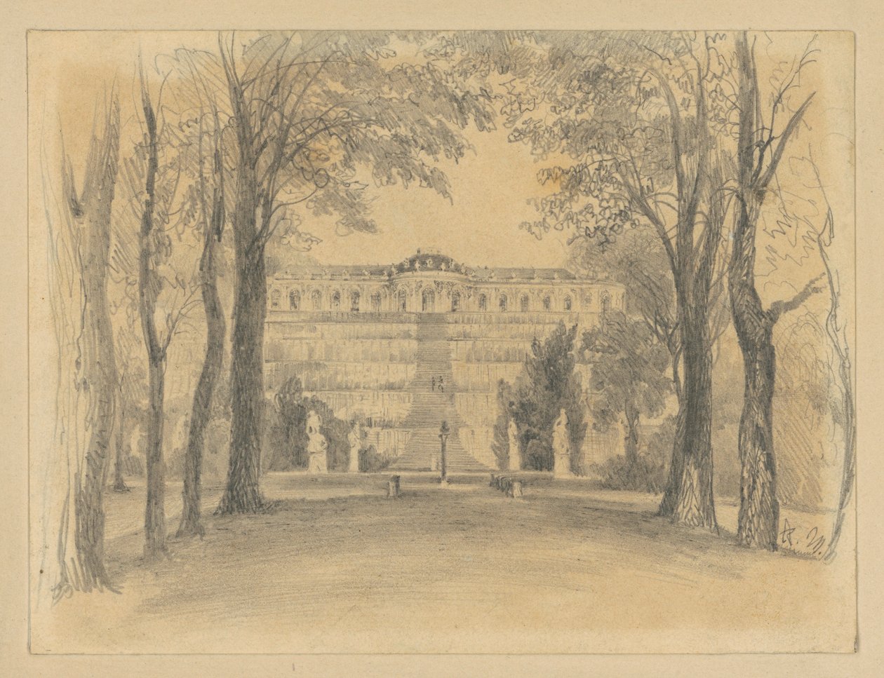 Sanssouci Palace with the Terraces and the Fountain by Adolph Menzel