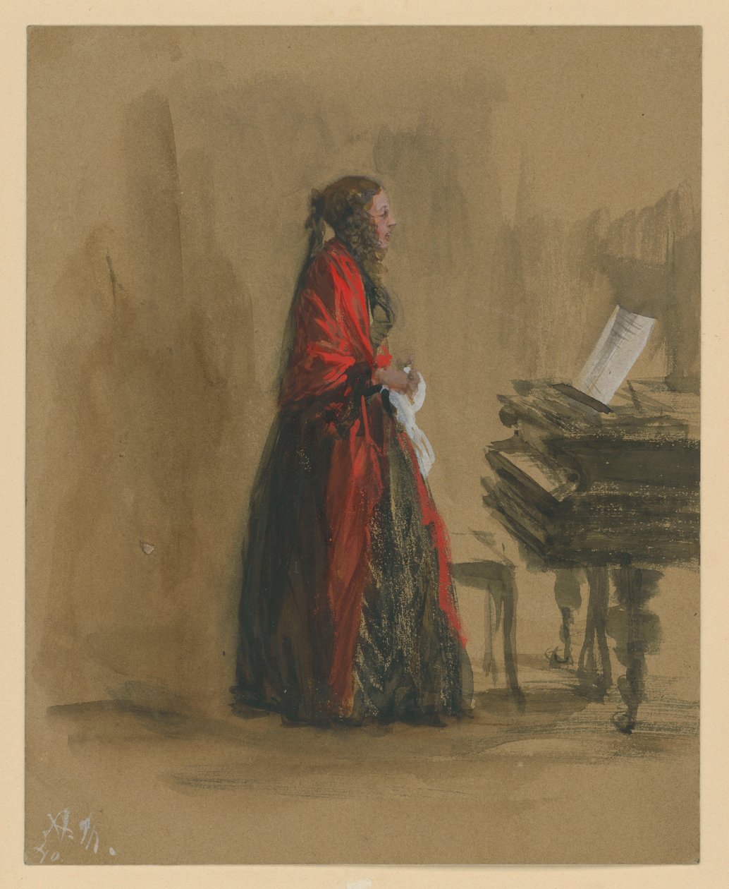 Singing Woman Standing at a Piano, in Profile to the Right by Adolph Menzel