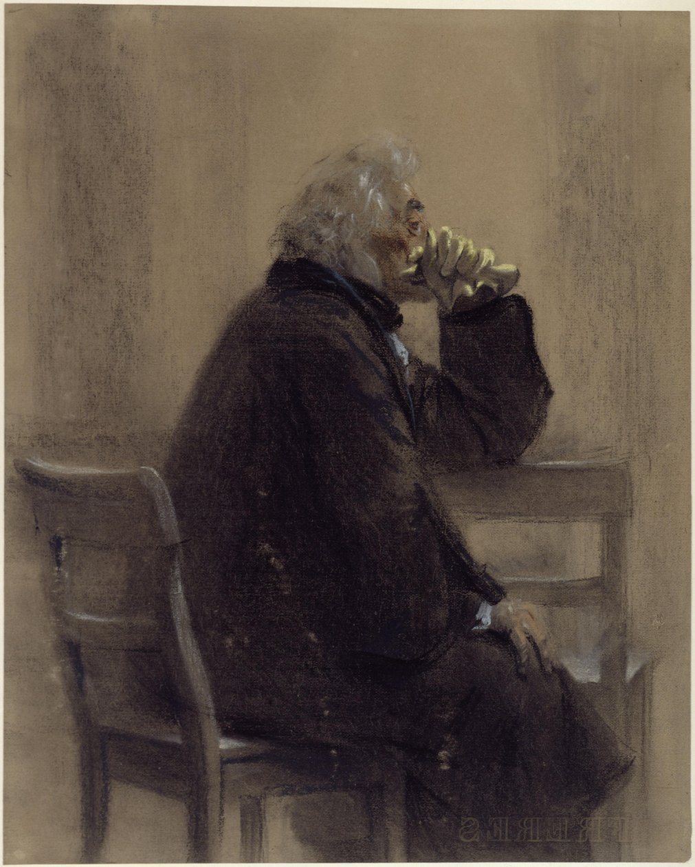 Seated Older Gentleman in Overcoat with Gloves, Knee-Length, Profile to the Right by Adolph Menzel