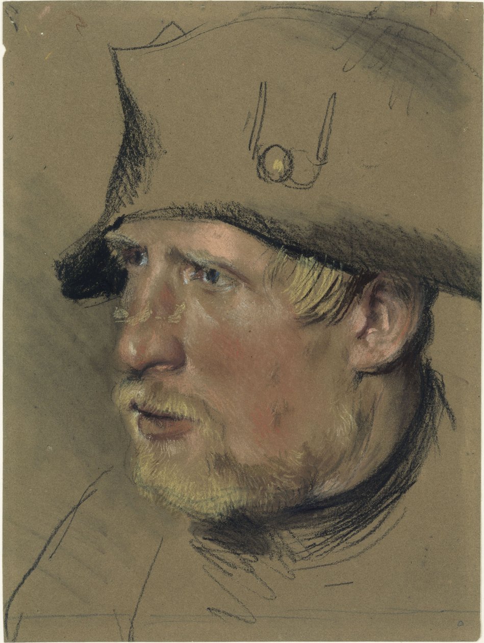Soldier with Blond Moustache and Chin Beard in a Tricorne Hat, Head Study by Adolph Menzel