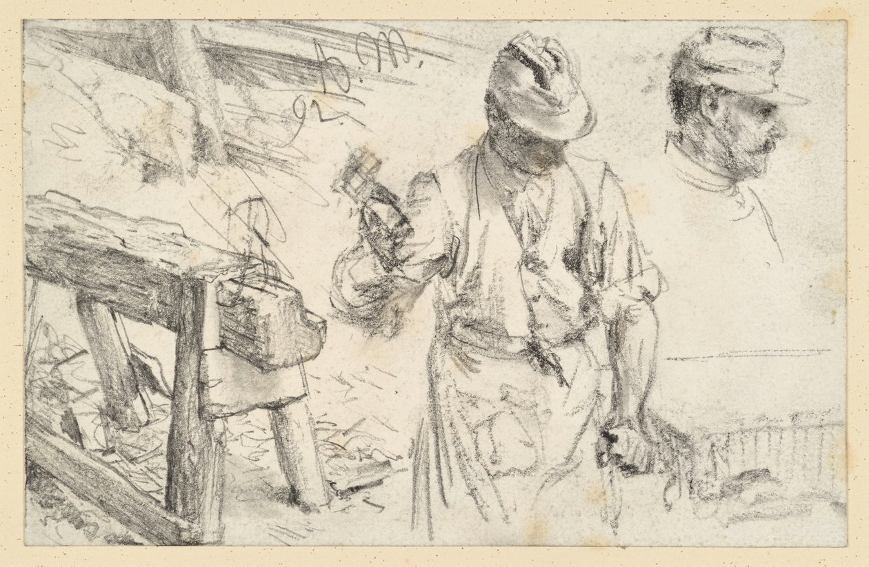 Stonemason at Work, Workshop Bench and Details by Adolph Menzel