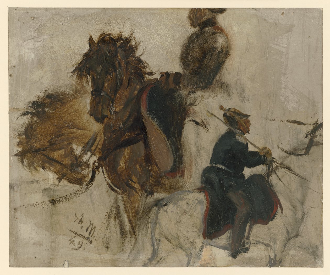 Study with a Mounted Soldier and Horse Heads by Adolph Menzel
