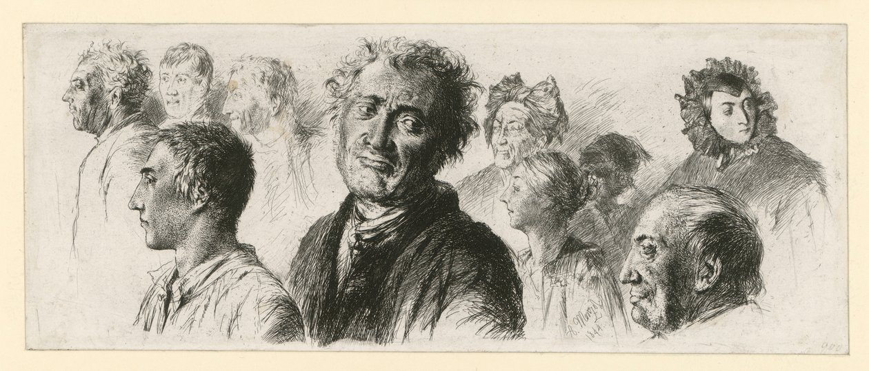 Study Sheet from the Asylum. Ten Heads, Mostly to the Left by Adolph Menzel