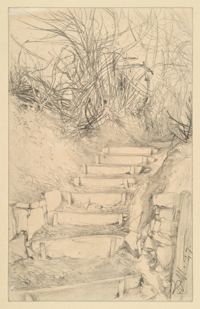 Stairs Outdoors with Shrubs by Adolph Menzel