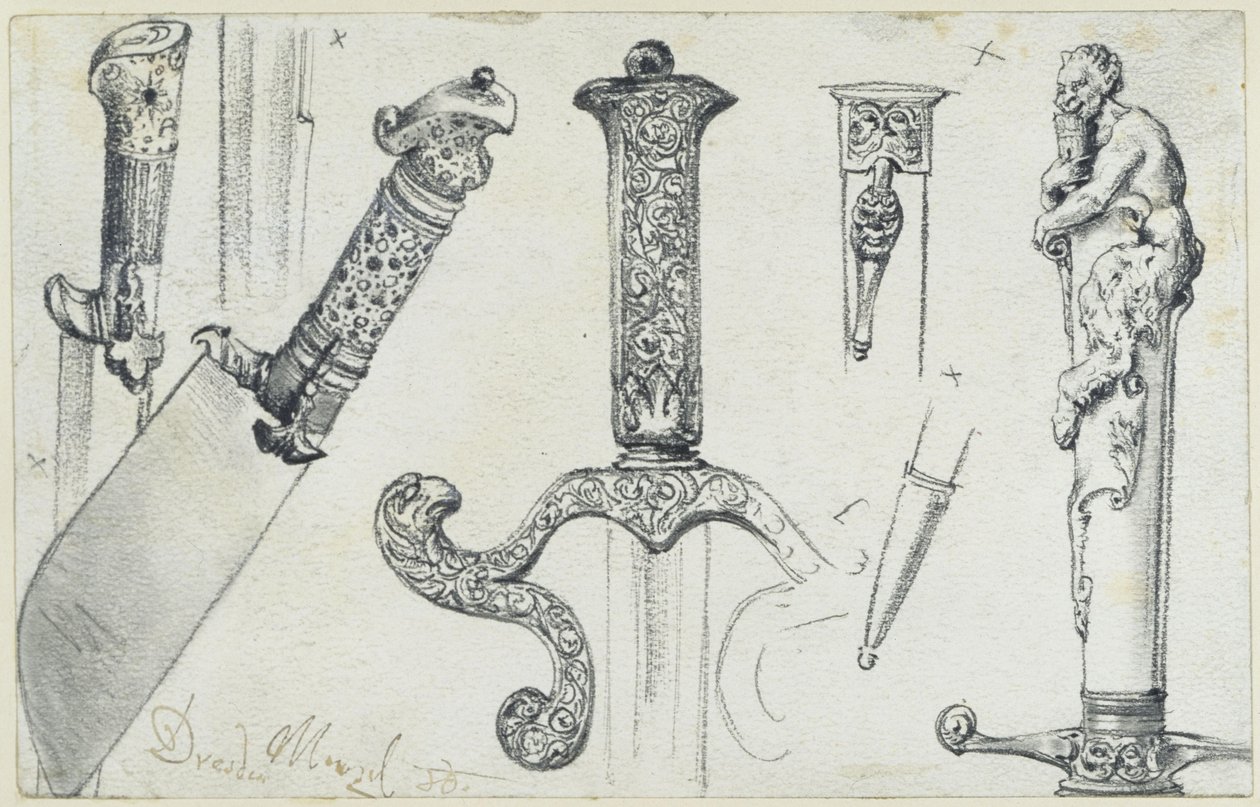 Hunting Knife from the End of the 16th Century, Hunting Sword from the First Half of the 17th Century, and the "Permoser" Hunting Dagger from the Beginning of the 18th Century, Historical Museum, Dresden by Adolph Menzel