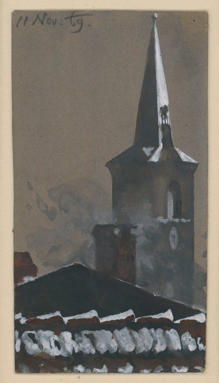 Snow-covered Tiled Roof and Church Tower by Adolph Menzel